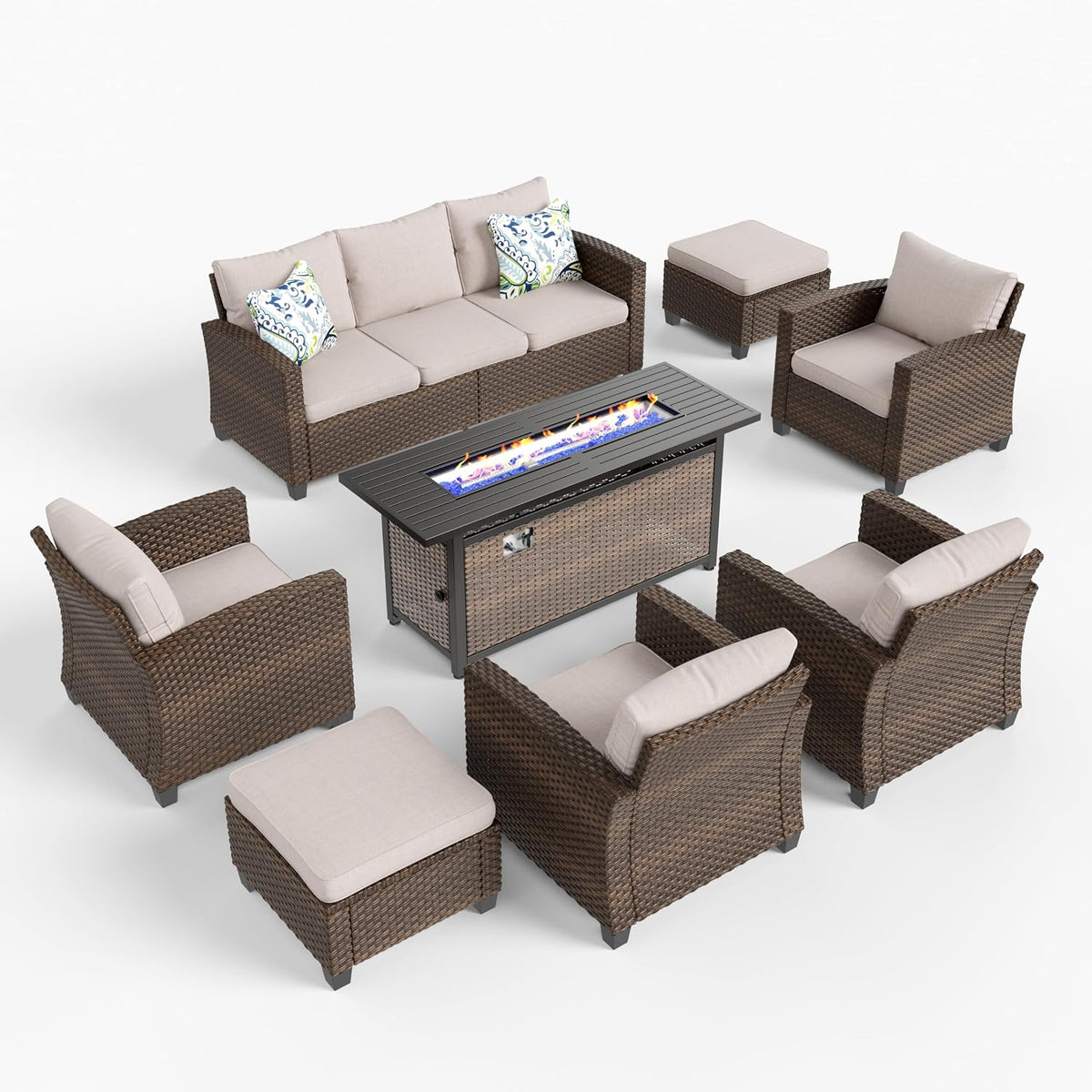 Patio Furniture Set, Outdoor Wicker Furniture with Fire Pit