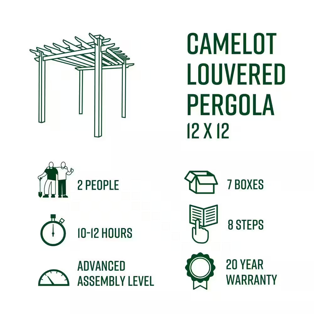 144"L X 144"W X 104"H Vinyl Camelot Louvered Pergola, White, VA42070