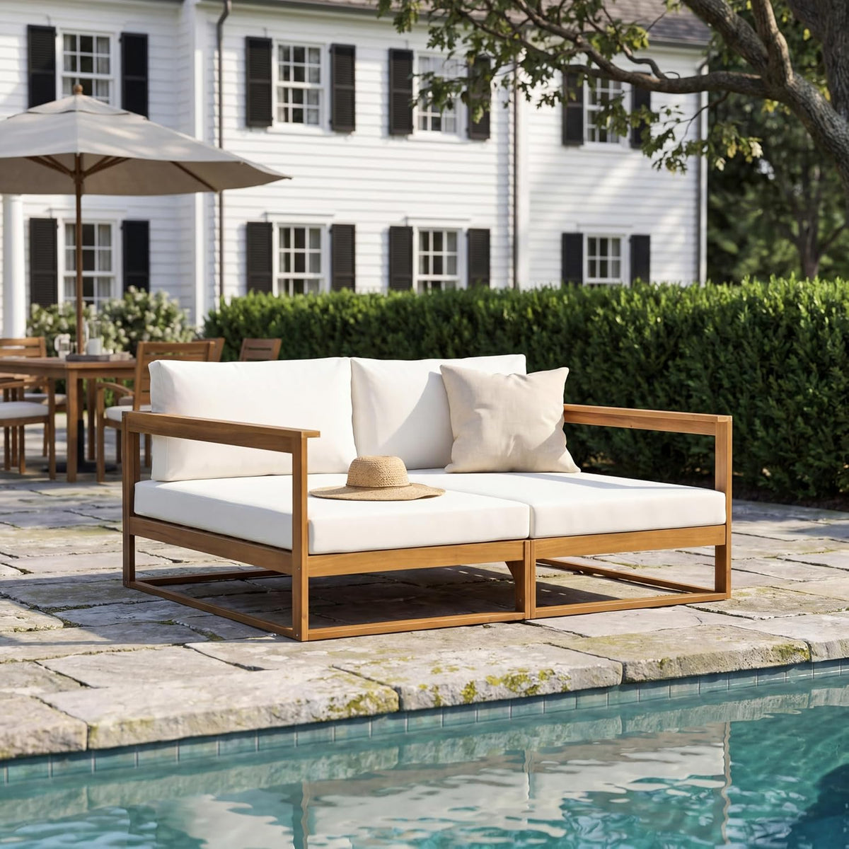 Acacia Wood Outdoor Daybed Patio Sofa, Double Outdoor Lounge Chairs Patio Sofa with Cushions & Armrest, Patio Lounger Outdoor Couch for Backyard Pool Deck, 600 Lbs, Beige+Teak