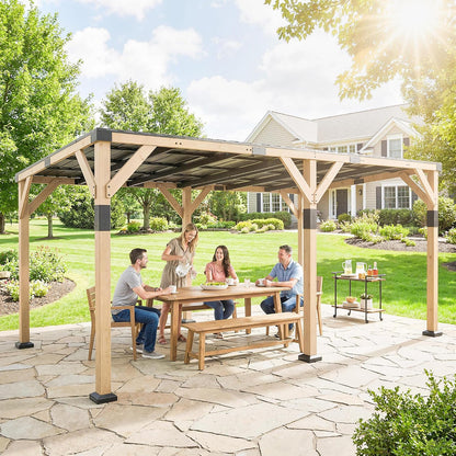10' X 20' Wooden Gazebo Hardtop Lean-To for Patio Light Walnut
