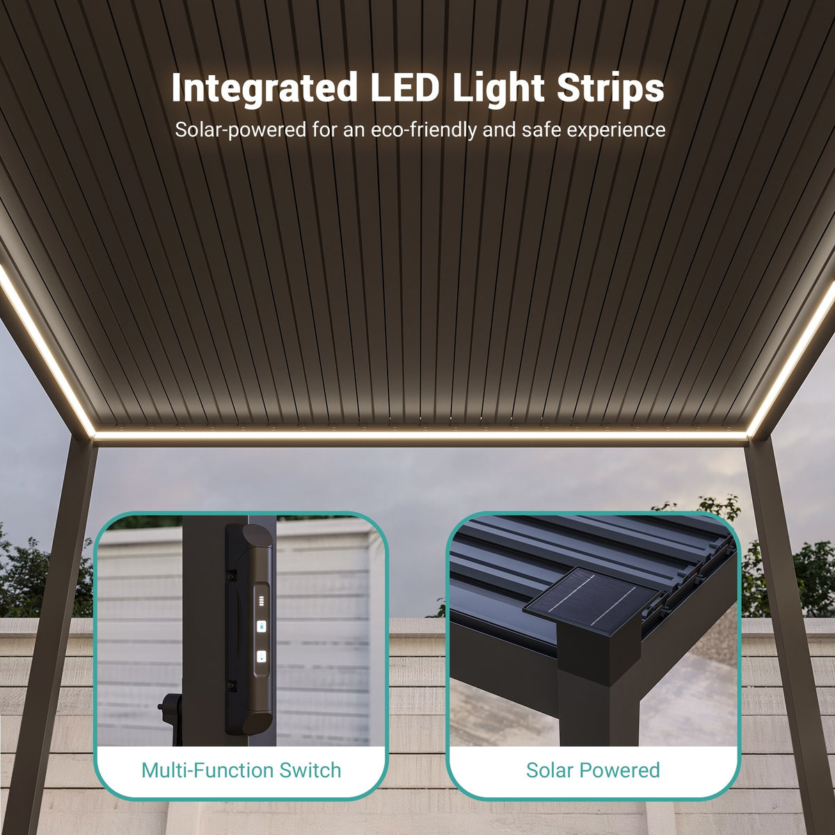 Outdoor Metal Solar LED Louvered Pergola with Adjustable Roof