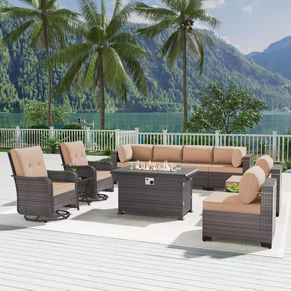 11-Piece Wicker Patio Conversation Set with Fire Pit Table, Glass Coffee Table, Swivel Rocking Chairs and Cushion Sand