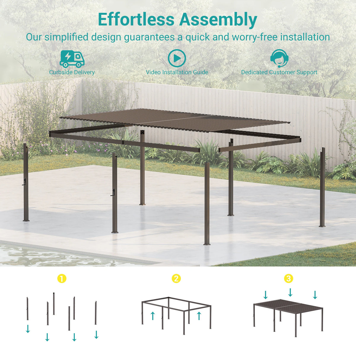 Outdoor Metal Solar LED Louvered Pergola with Adjustable Roof