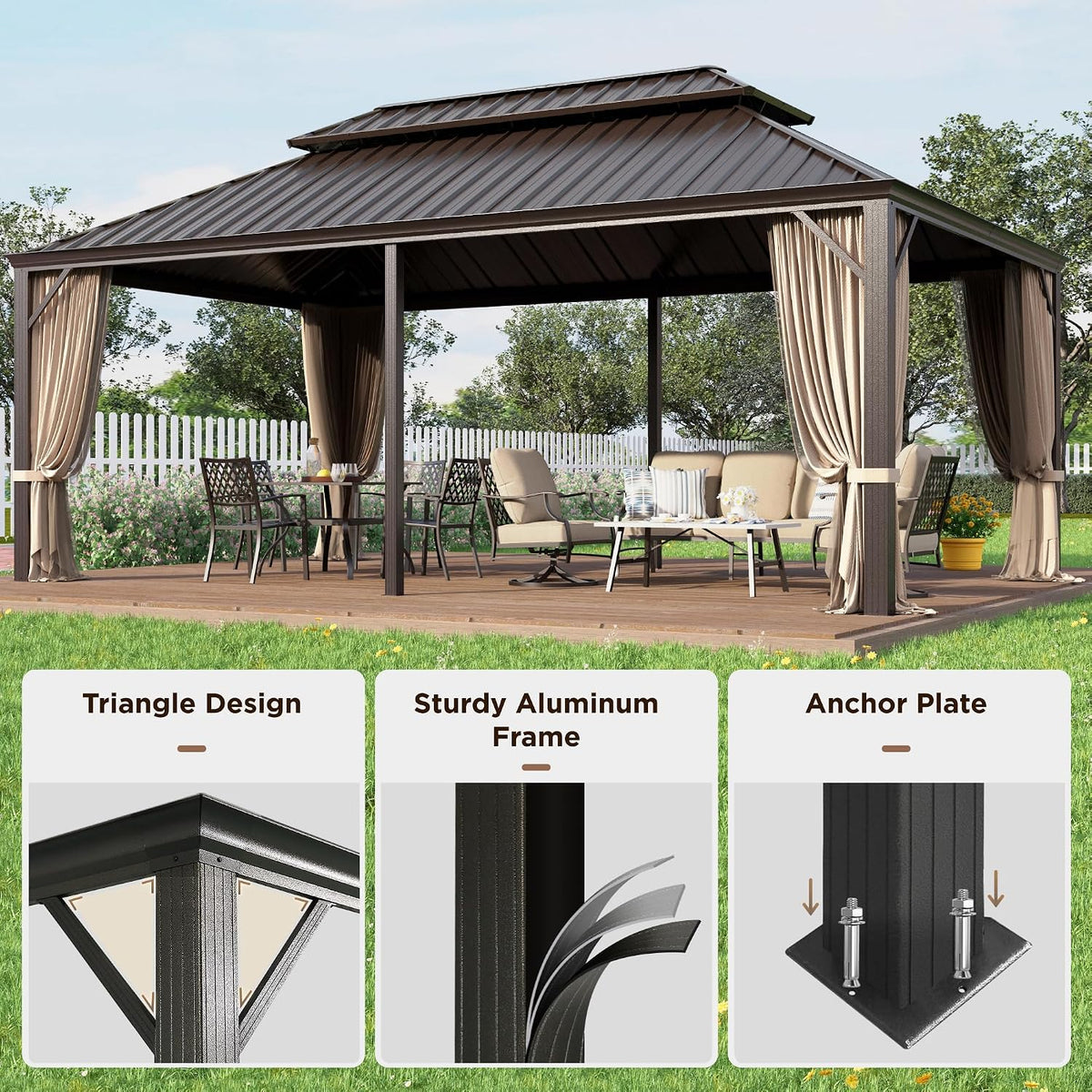 12X20 Ft Hardtop Gazebo Metal Frame with Netting and Curtains