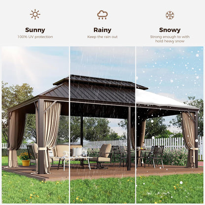 12X20 Ft Hardtop Gazebo Metal Frame with Netting and Curtains