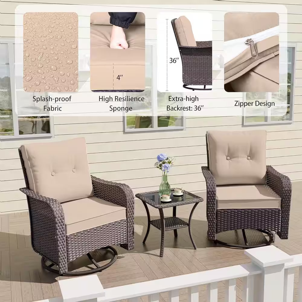 11-Piece Wicker Patio Conversation Set with Fire Pit Table, Glass Coffee Table, Swivel Rocking Chairs and Cushion Sand