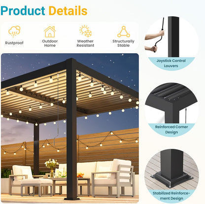 Pergola 10'X12' with Adjustable Roof & Thick Aluminum Frame for All Weather