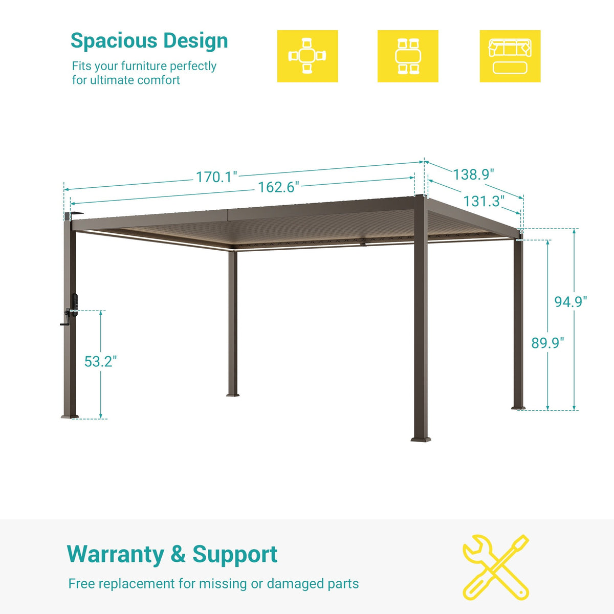 Outdoor Metal Solar LED Louvered Pergola with Adjustable Roof