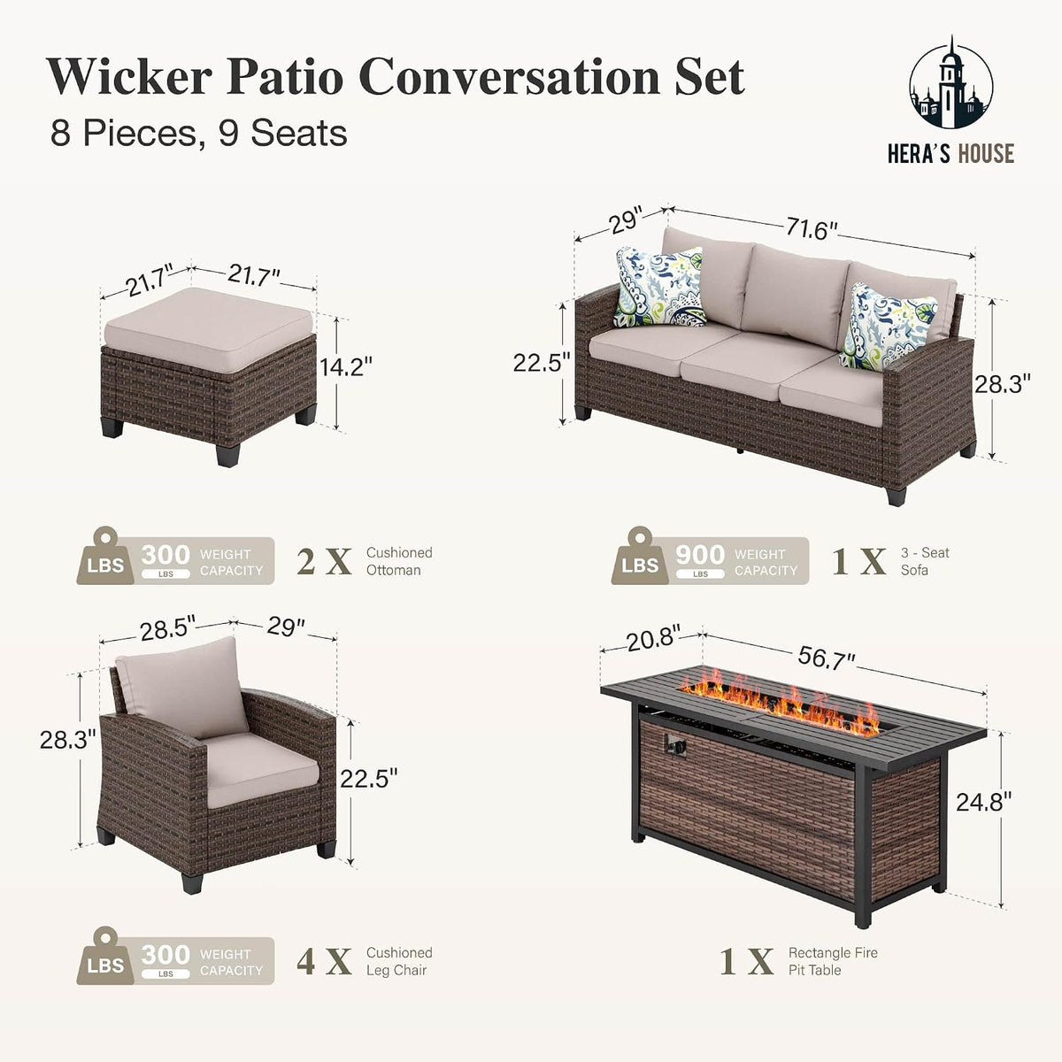 Patio Furniture Set, Outdoor Wicker Furniture with Fire Pit