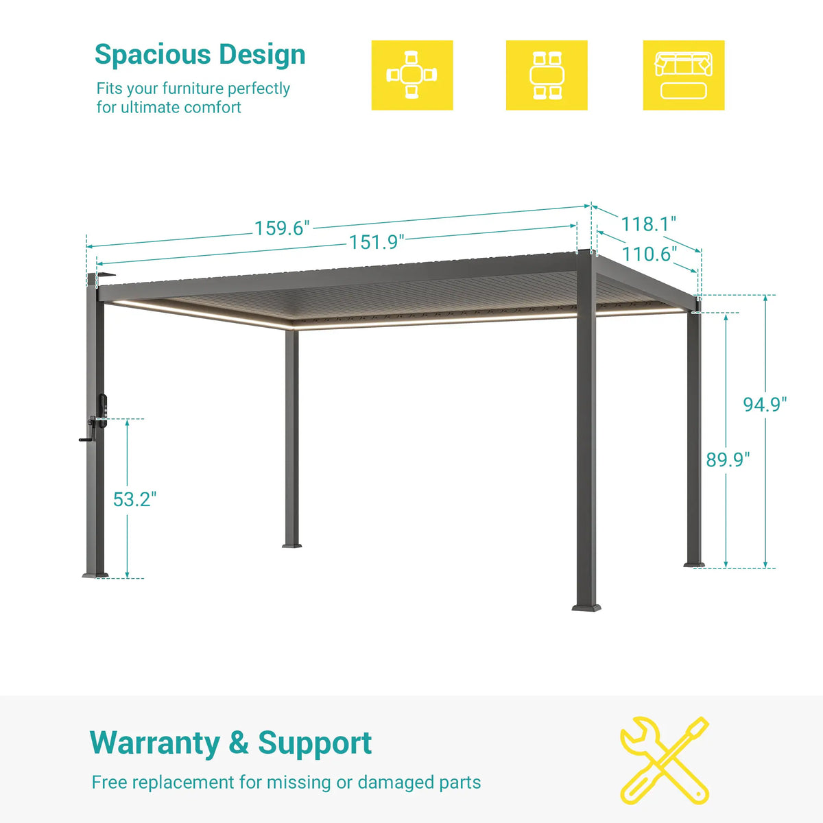 Outdoor Metal Solar LED Louvered Pergola with Adjustable Roof