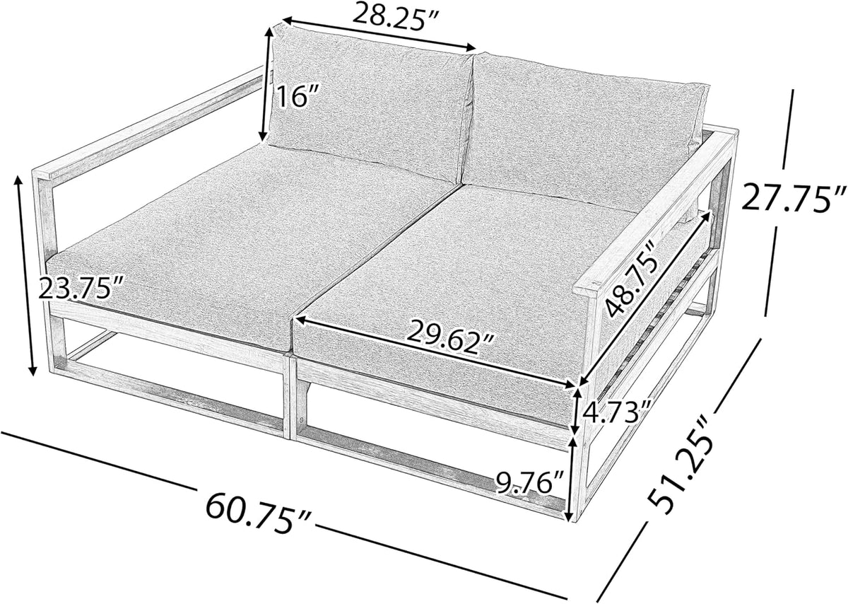 Acacia Wood Outdoor Daybed Patio Sofa, Double Outdoor Lounge Chairs Patio Sofa with Cushions & Armrest, Patio Lounger Outdoor Couch for Backyard Pool Deck, 600 Lbs, Beige+Teak