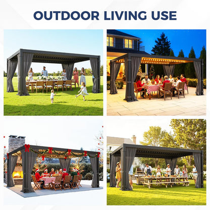 Pergola 12'X16' with Thick Aluminum Frame, Adjustable Roof for All Weather