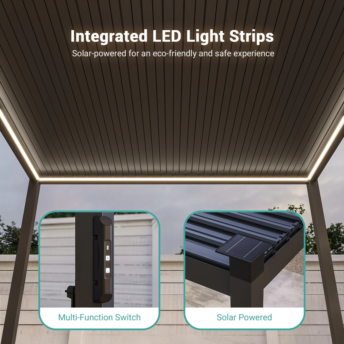 Outdoor Metal Solar LED Louvered Pergola with Adjustable Roof