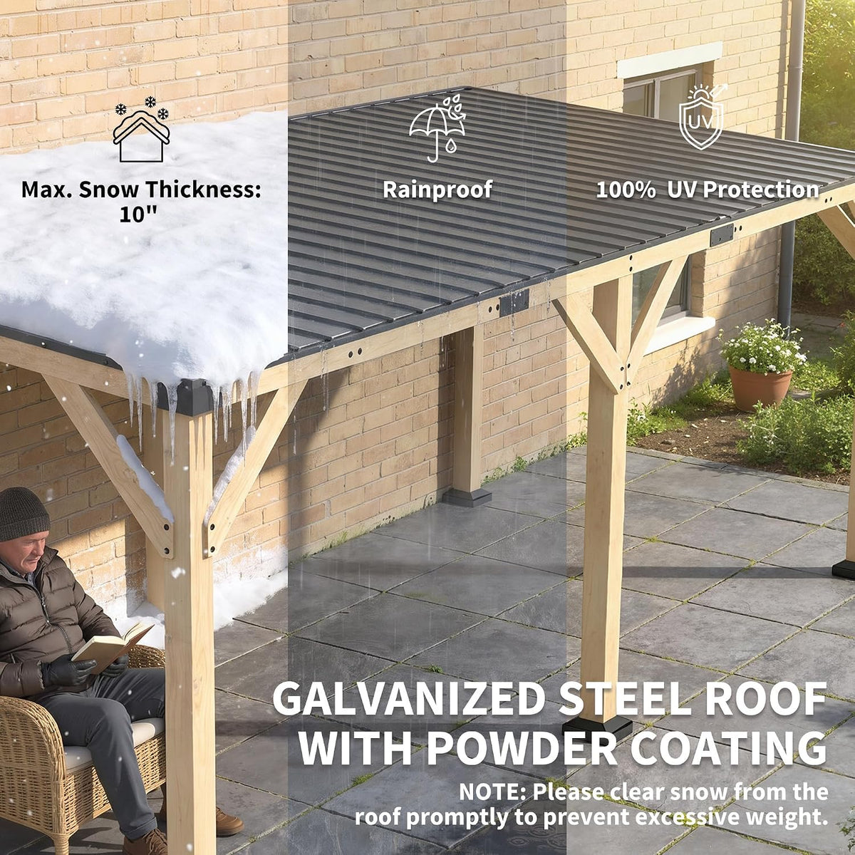 10' X 20' Wooden Gazebo Hardtop Lean-To for Patio Light Walnut