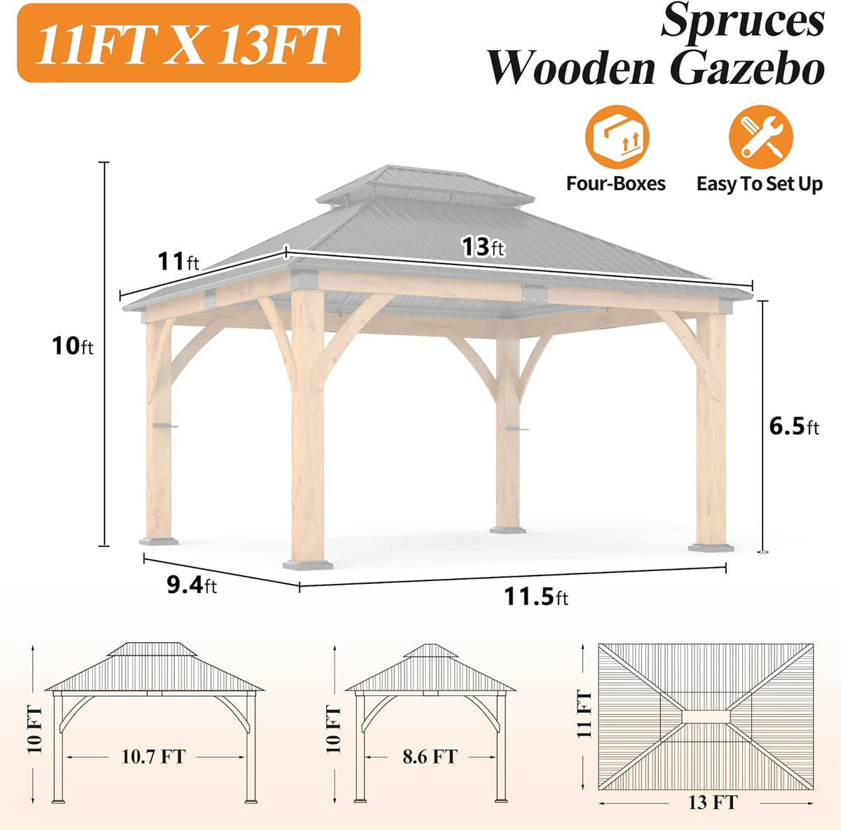 11’X 13’ Outdoor Spruce Wood Gazebo