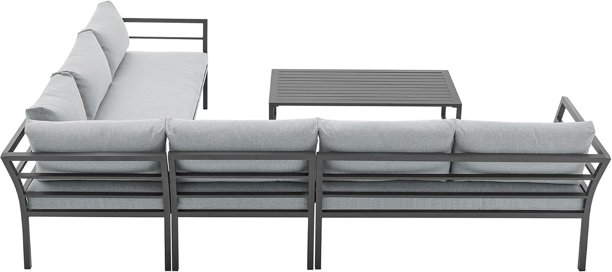 Sunnyside 5 Piece L Shaped Patio Furniture Set with Table for Backyard and Poolside, Outdoor Sectional Seating for 6, Waterproof Cushions, Rust Resistant Steel Frame, Grey
