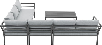Sunnyside 5 Piece L Shaped Patio Furniture Set with Table for Backyard and Poolside, Outdoor Sectional Seating for 6, Waterproof Cushions, Rust Resistant Steel Frame, Grey