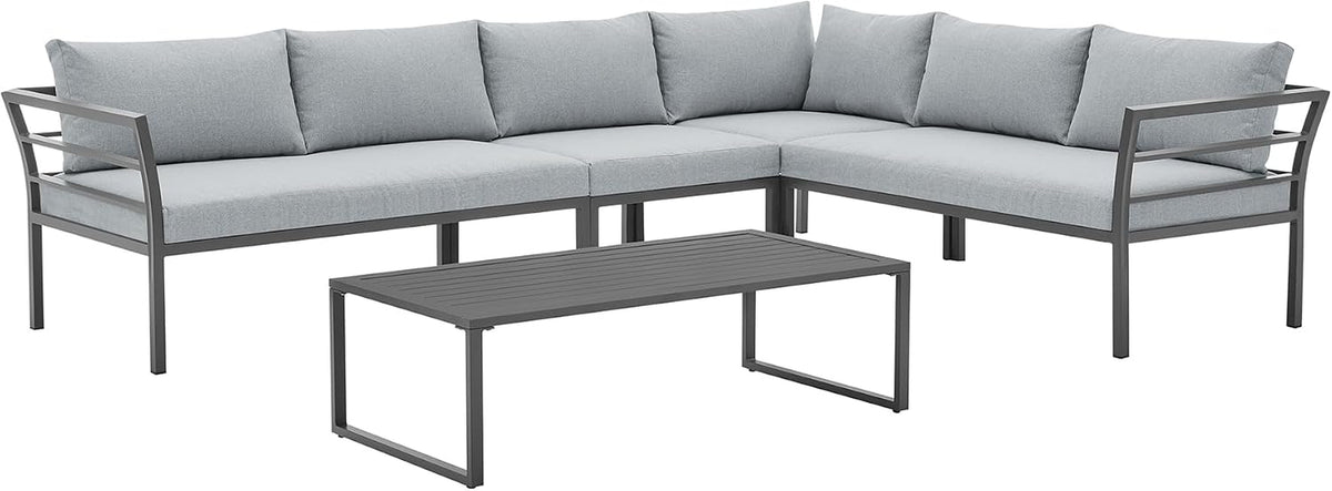 Sunnyside 5 Piece L Shaped Patio Furniture Set with Table for Backyard and Poolside, Outdoor Sectional Seating for 6, Waterproof Cushions, Rust Resistant Steel Frame, Grey