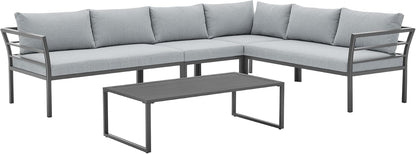 Sunnyside 5 Piece L Shaped Patio Furniture Set with Table for Backyard and Poolside, Outdoor Sectional Seating for 6, Waterproof Cushions, Rust Resistant Steel Frame, Grey