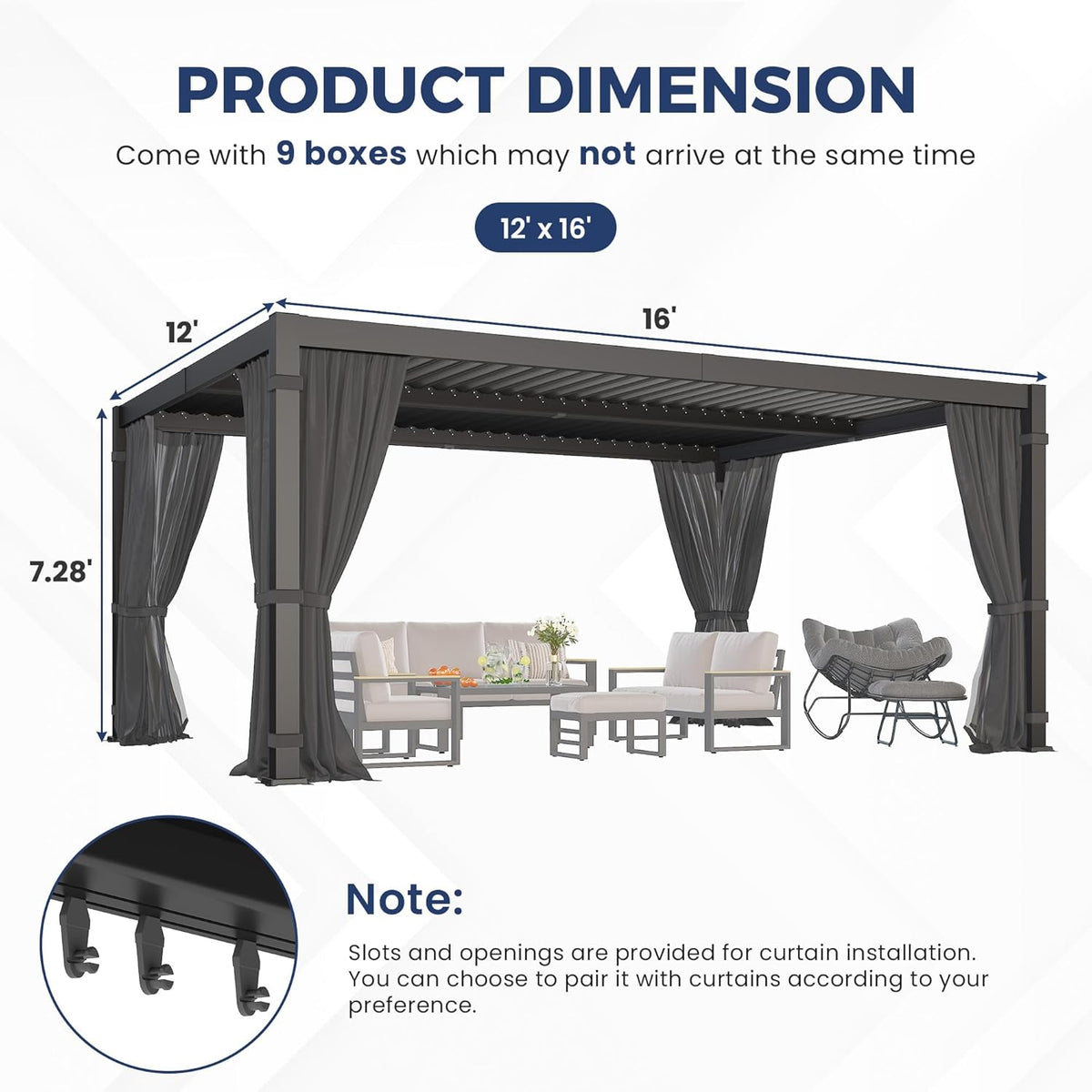 Pergola 12'X16' with Thick Aluminum Frame, Adjustable Roof for All Weather