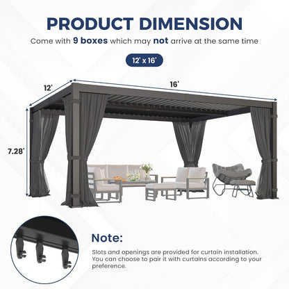 Pergola 12'X16' with Thick Aluminum Frame, Adjustable Roof for All Weather