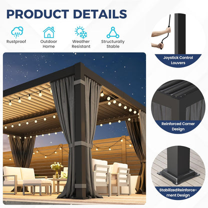 Pergola 12'X16' with Thick Aluminum Frame, Adjustable Roof for All Weather
