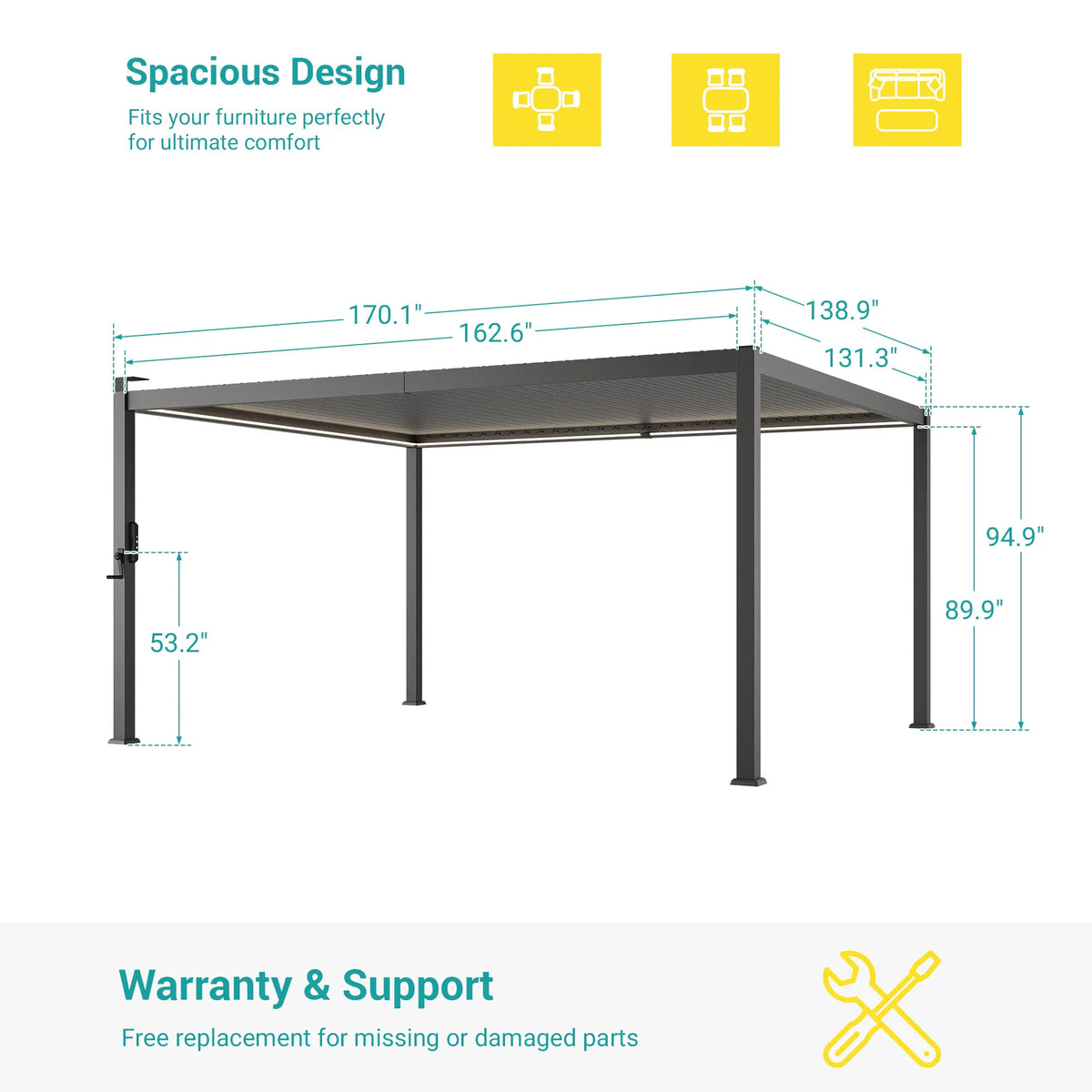 Outdoor Metal Solar LED Louvered Pergola with Adjustable Roof