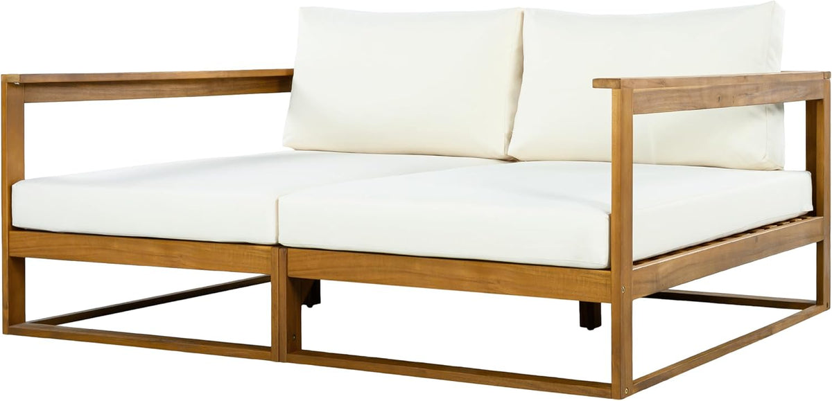 Acacia Wood Outdoor Daybed Patio Sofa, Double Outdoor Lounge Chairs Patio Sofa with Cushions & Armrest, Patio Lounger Outdoor Couch for Backyard Pool Deck, 600 Lbs, Beige+Teak