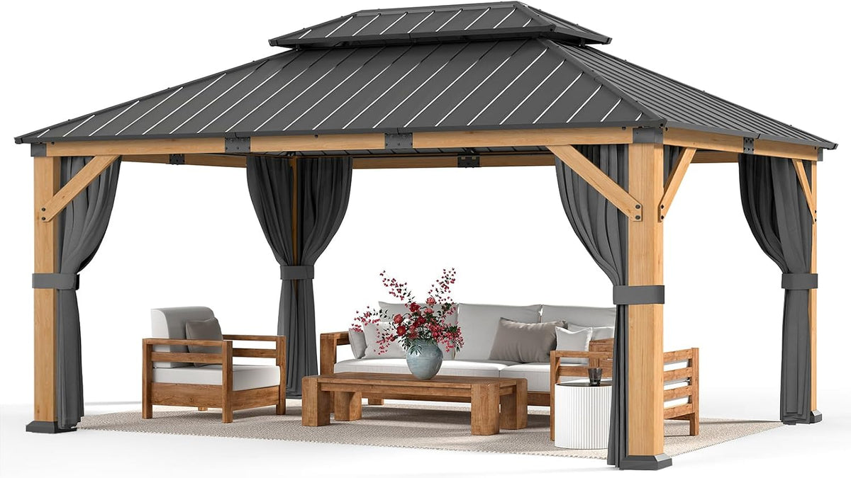 12' X 16' Wood Gazebo Hardtop Outdoor Permanent Pavilion with Double Galvanized Steel Roof, Curtains and Netting, Snow Support, Wind Resistance, for Backyard Garden, Lawns, Patio