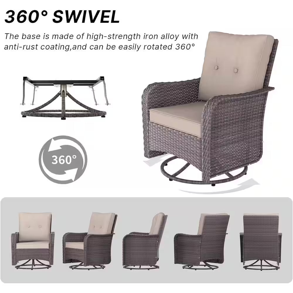 11-Piece Wicker Patio Conversation Set with Fire Pit Table, Glass Coffee Table, Swivel Rocking Chairs and Cushion Sand