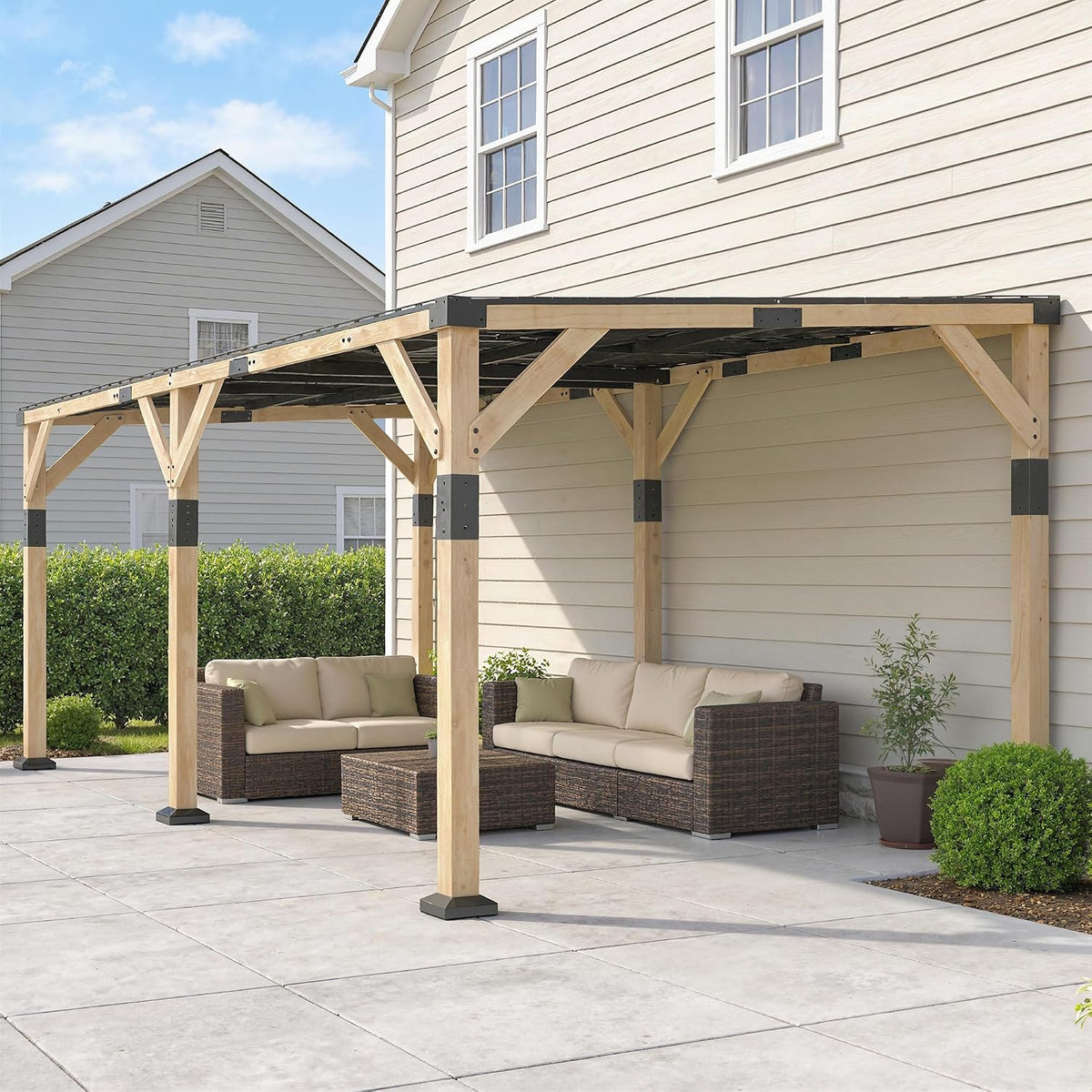 10' X 20' Wooden Gazebo Hardtop Lean-To for Patio Light Walnut