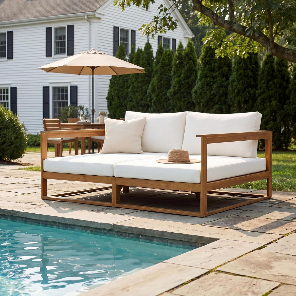 Acacia Wood Outdoor Daybed Patio Sofa, Double Outdoor Lounge Chairs Patio Sofa with Cushions & Armrest, Patio Lounger Outdoor Couch for Backyard Pool Deck, 600 Lbs, Beige+Teak