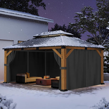 12' X 16' Wood Gazebo Hardtop Outdoor Permanent Pavilion with Double Galvanized Steel Roof, Curtains and Netting, Snow Support, Wind Resistance, for Backyard Garden, Lawns, Patio