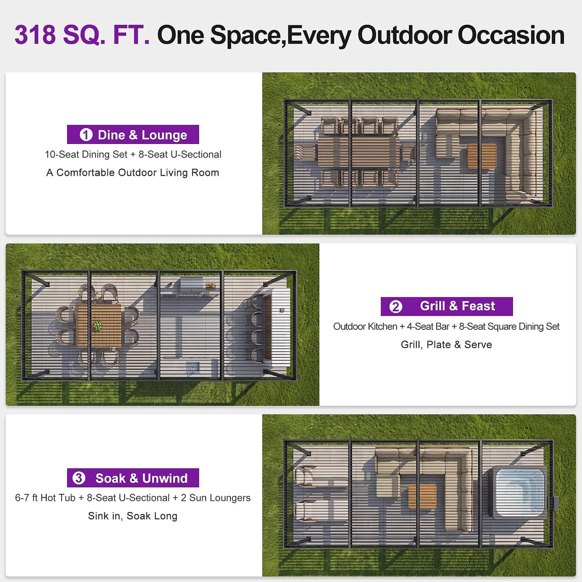 92KS Outdoor Pergola 11.5' X 27.5' Large Aluminum Frame, Gray