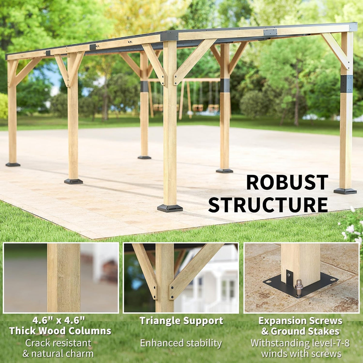 10' X 20' Wooden Gazebo Hardtop Lean-To for Patio Light Walnut