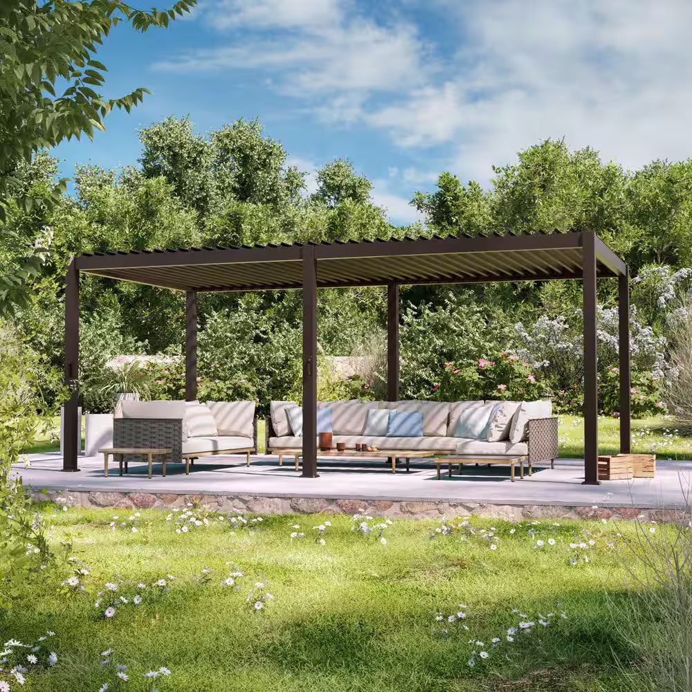 Titan Series 10 Ft. X 20 Ft. Luminized Steel Louvered Pergola Modern Outdoor Pergola with Adjustable Roof,Brown