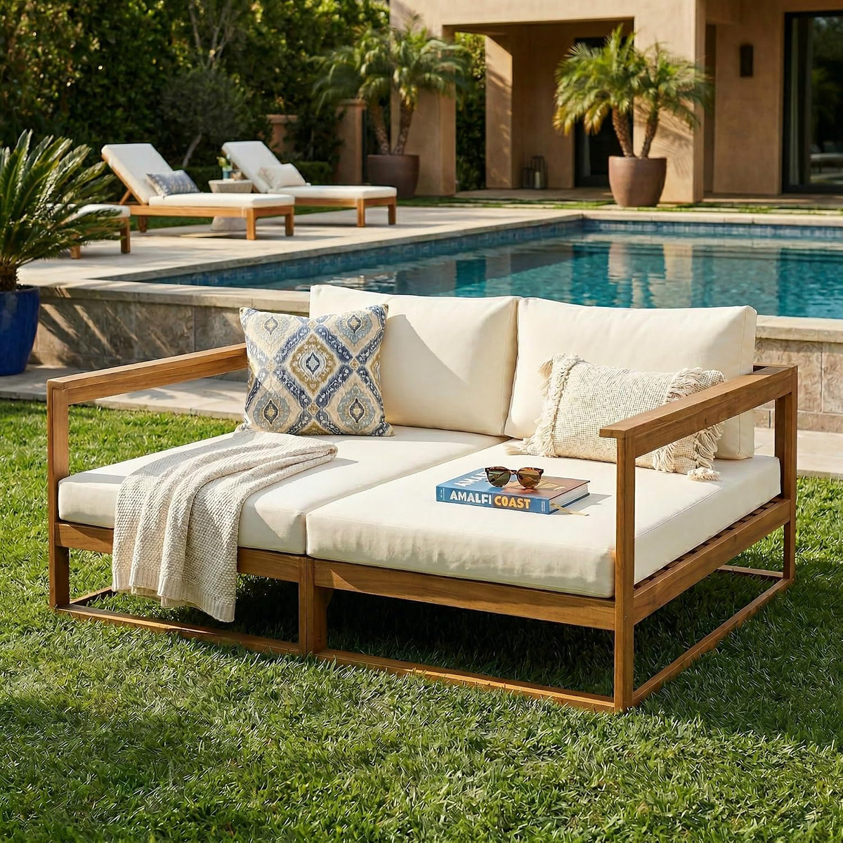Acacia Wood Outdoor Daybed Patio Sofa, Double Outdoor Lounge Chairs Patio Sofa with Cushions & Armrest, Patio Lounger Outdoor Couch for Backyard Pool Deck, 600 Lbs, Beige+Teak
