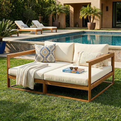 Acacia Wood Outdoor Daybed Patio Sofa, Double Outdoor Lounge Chairs Patio Sofa with Cushions & Armrest, Patio Lounger Outdoor Couch for Backyard Pool Deck, 600 Lbs, Beige+Teak