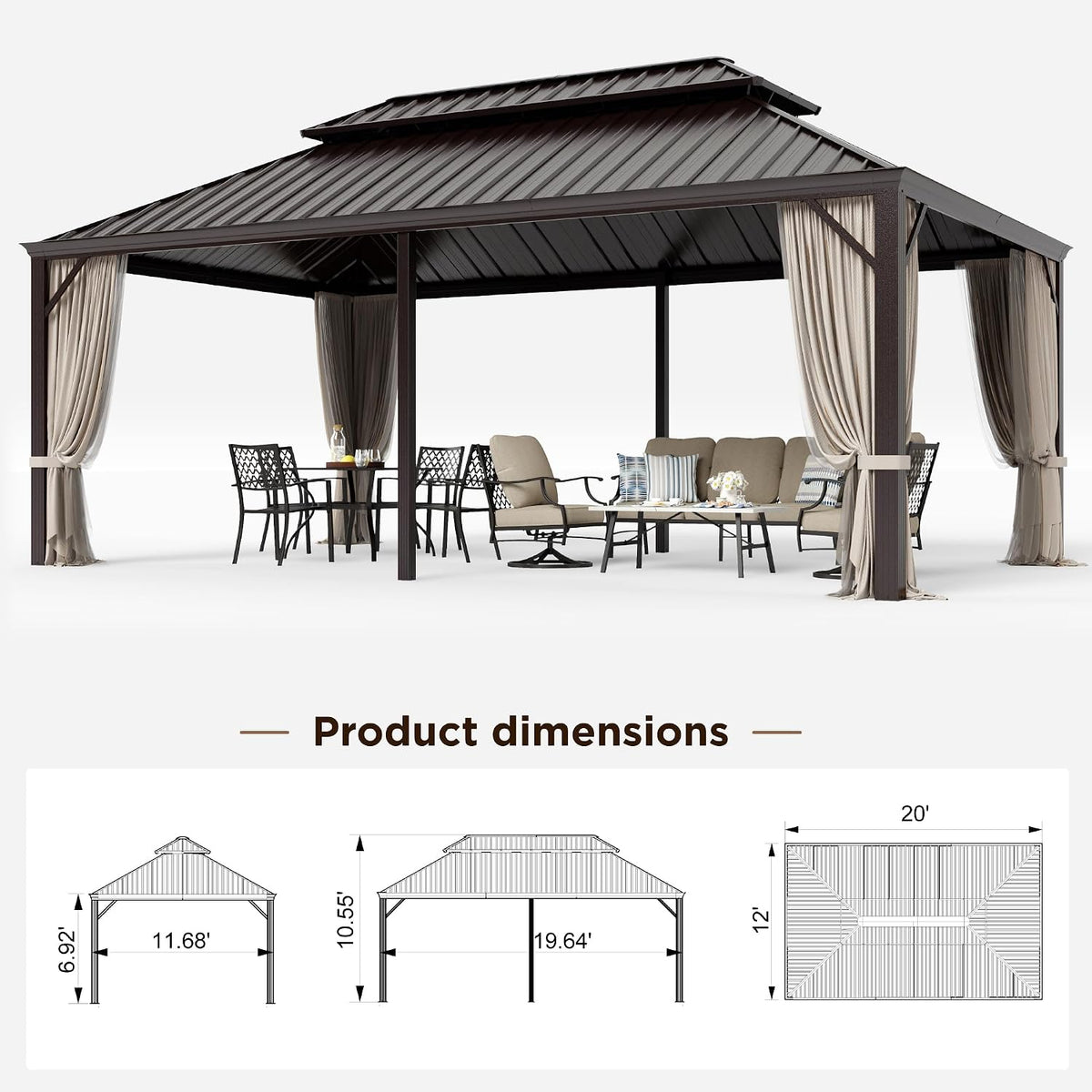 12X20 Ft Hardtop Gazebo Metal Frame with Netting and Curtains
