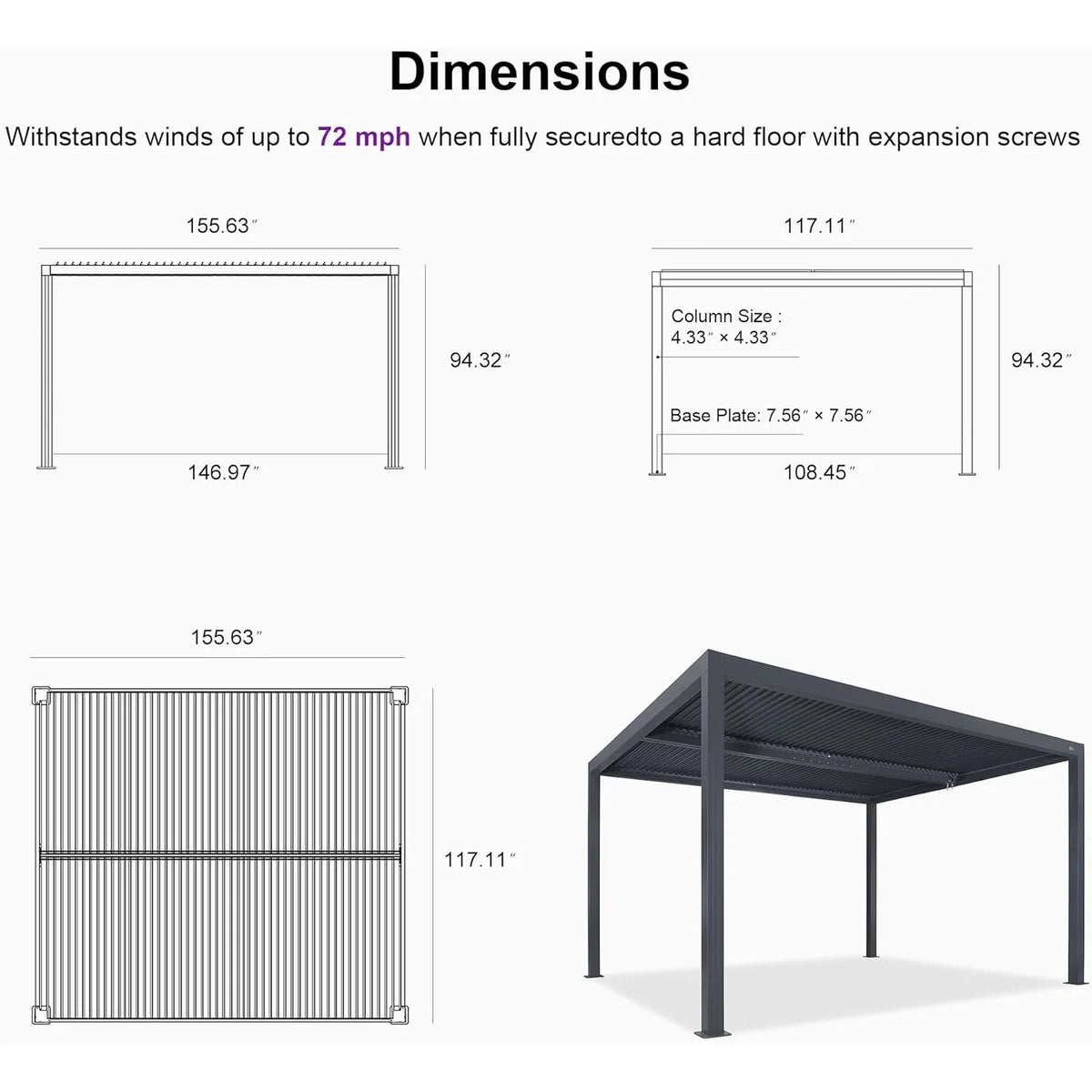 Gray Louvered Pergola Outdoor Aluminum Pergola with Adjustable Roof for Patio Gray Hardtop Gazebo