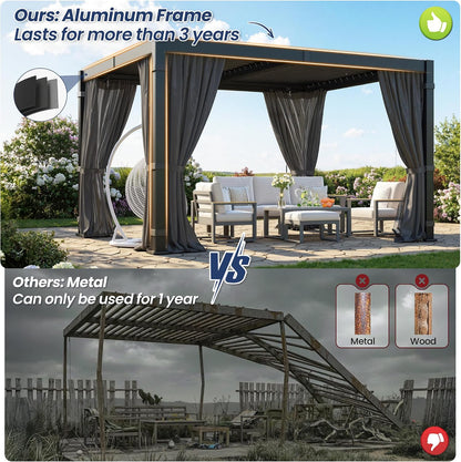 Pergola 10'X12' with Thick Aluminum Frame, Adjustable Roof for All Weather