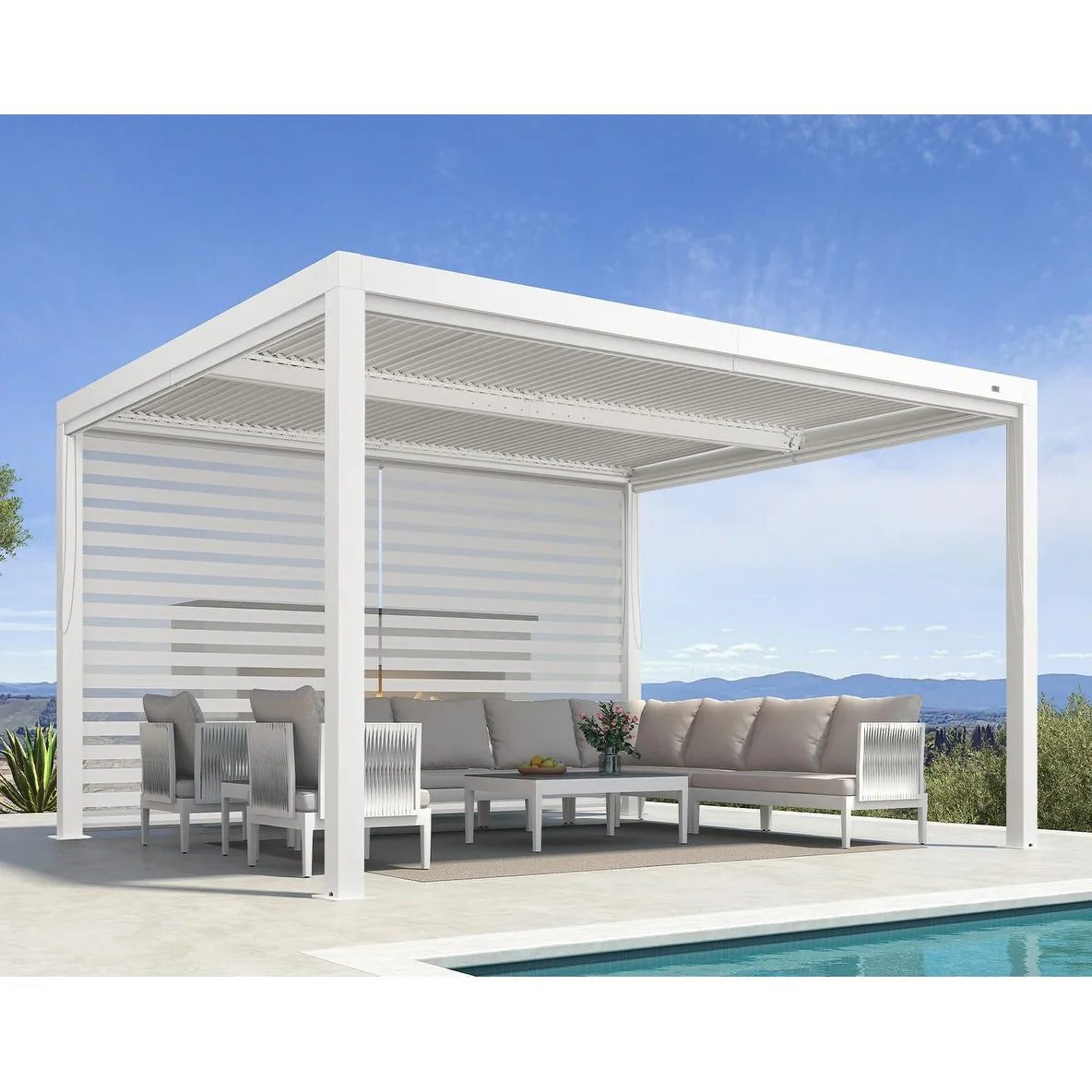 Louvered Pergola Modern White Pergola with Adjustable Roof for Deck Backyard Garden