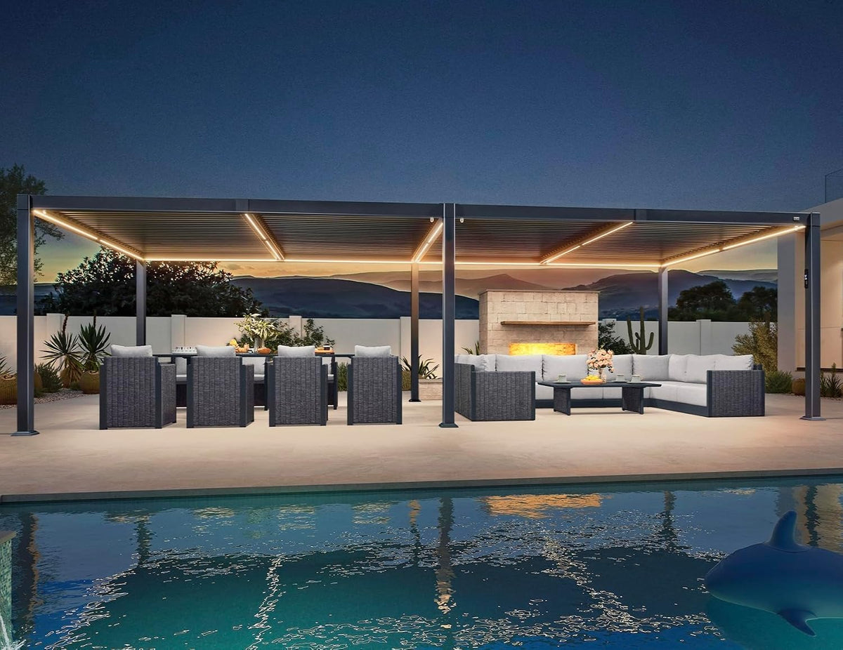 92KS Outdoor Pergola 11.5' X 27.5' Large Aluminum Frame, Gray