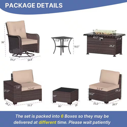 11-Piece Wicker Patio Conversation Set with Fire Pit Table, Glass Coffee Table, Swivel Rocking Chairs and Cushion Sand