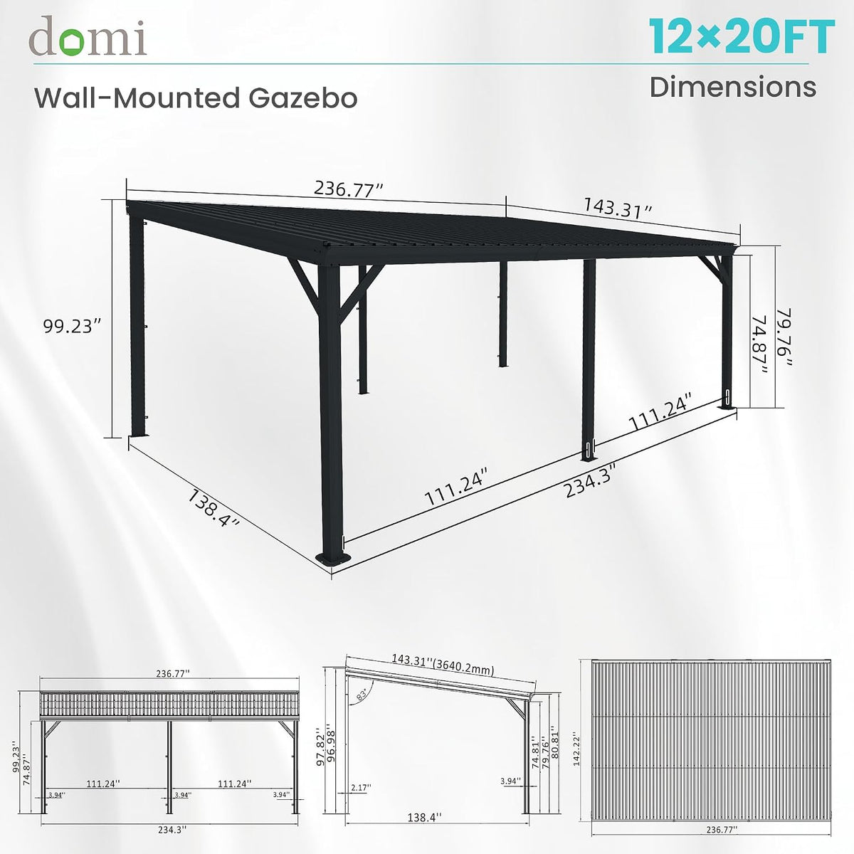 Domi 12'X 20' Lean to Gazebo,Outdoor Gazebo Pergola with Sloped Roof, Grey
