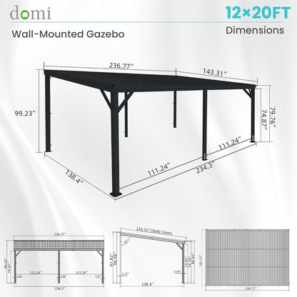 Domi 12'X 20' Lean to Gazebo,Outdoor Gazebo Pergola with Sloped Roof, Grey