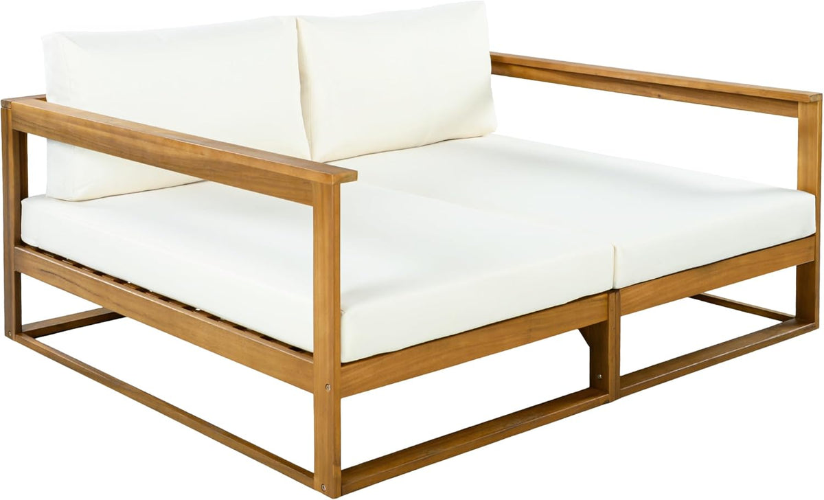 Acacia Wood Outdoor Daybed Patio Sofa, Double Outdoor Lounge Chairs Patio Sofa with Cushions & Armrest, Patio Lounger Outdoor Couch for Backyard Pool Deck, 600 Lbs, Beige+Teak