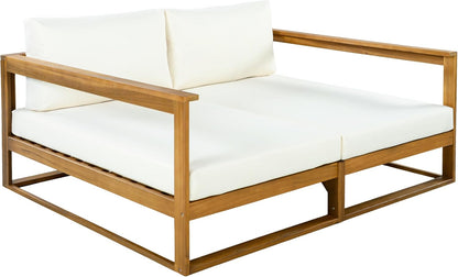 Acacia Wood Outdoor Daybed Patio Sofa, Double Outdoor Lounge Chairs Patio Sofa with Cushions & Armrest, Patio Lounger Outdoor Couch for Backyard Pool Deck, 600 Lbs, Beige+Teak