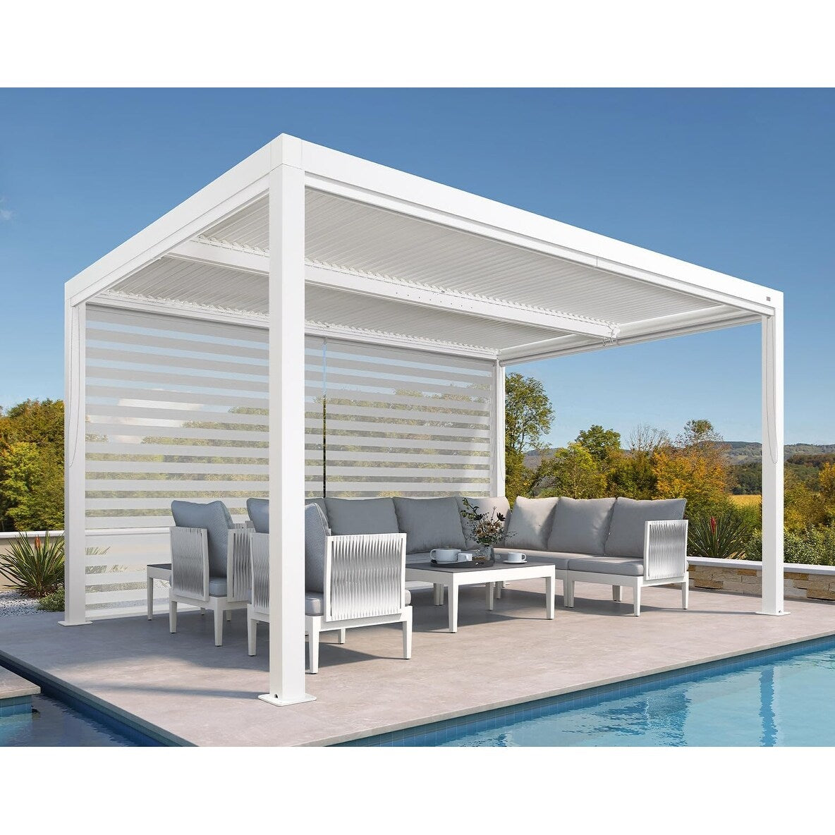Louvered Pergola Modern White Pergola with Adjustable Roof for Deck Backyard Garden