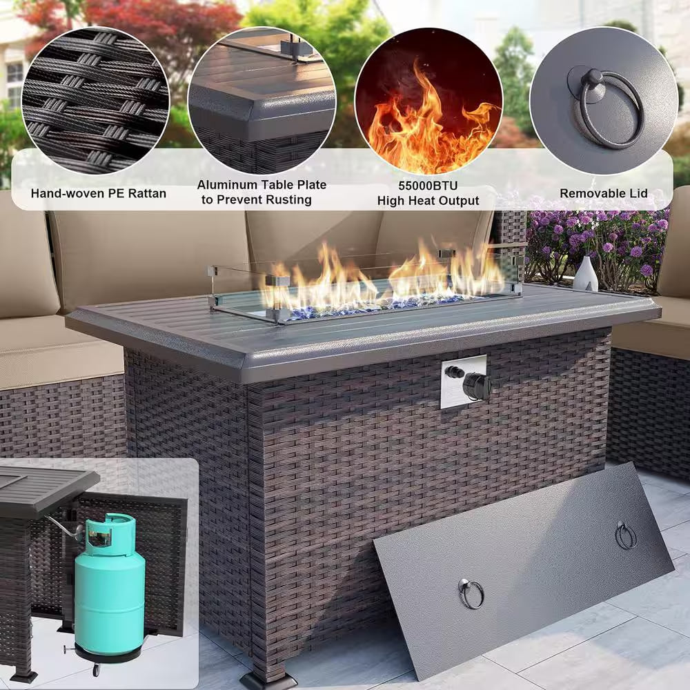 11-Piece Wicker Patio Conversation Set with Fire Pit Table, Glass Coffee Table, Swivel Rocking Chairs and Cushion Sand
